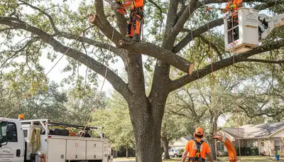 Greenville, NC tree removal crew safely removing a dead tree for Arbor Tree Care