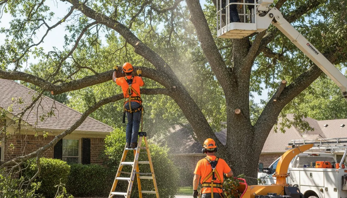 Tree trimming crew in Greenville, NC maintaining healthy trees and property safety